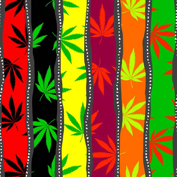 Psychedelische Grafische Vector Marihuana Geïnspireerd Ontwerp Reggae Achtergrond Met Cannabisbladeren — Stockvector