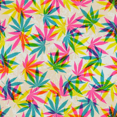Marihuana yaratıcı tasarım. Esrar yapraklı reggae arka planı. Tekstil görsel içerik. Kusursuz geometrik soyut desen. Geometrik grunge vintage risograph tarzı. Vektör resmi.