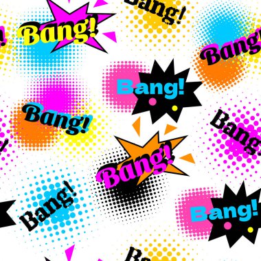 Çizgi roman konuşma baloncuğu, çizgi film unsurları, harfleri Bang olan soyut, pürüzsüz desen. Komik arkaplan. Yarım ton pop sanat tarzı.
