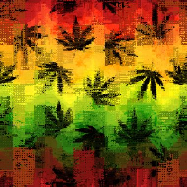 Marihuana yaratıcı tasarım. Esrar yapraklı reggae arka planı. Tekstil görsel içerik. Kusursuz geometrik soyut desen. Geometrik grunge vintage risograph tarzı. Vektör resmi.