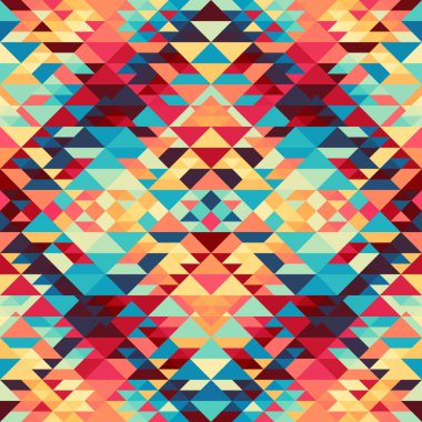 Renkli Aztek kumaşı, Duvar kağıdı ve Ev Dekoru. Soyut, dikişsiz, düşük belli kalıplar. Üçgen Aztek arka planı. Vektörsüz resim.