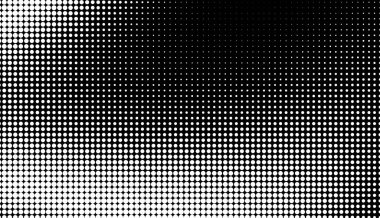 Monokrom soyut grunge yarım ton noktalar arka plan. Pop sanat şablonu, doku. Yatay Vektör illüstrasyonu. Siyah arkaplanda soyut grunge noktaları