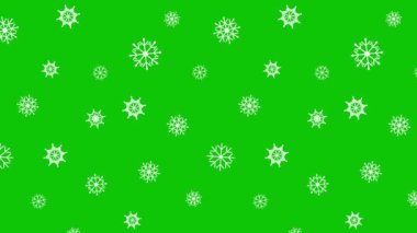 Kar kristalleri kışın buz parçacığının arka planında uçuşur. 4K video animasyonu. Yeşil renk arkaplanda kar yağışı