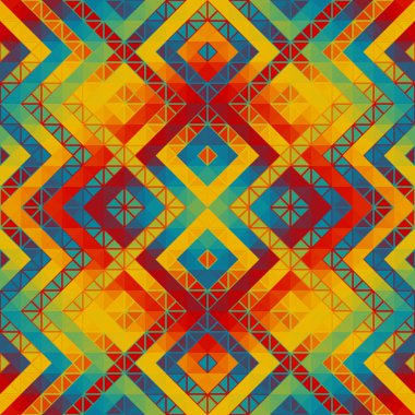 Renkli Aztek kumaşı, Duvar kağıdı ve Ev Dekoru. Soyut, dikişsiz fayanssız desen. Üçgen Aztek arka planı. Vektörsüz resim.