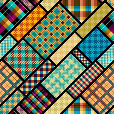 Kusursuz geometrik soyut desen. Tekstil yama kalıbı. Vektör görüntüsü. Kareli kumaş deseni.