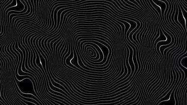 Soyut animasyon ana hatlı topografik hat haritası. Siyah arka planda dalgalar hareket ediyor. 4K döngülü canlandırma..