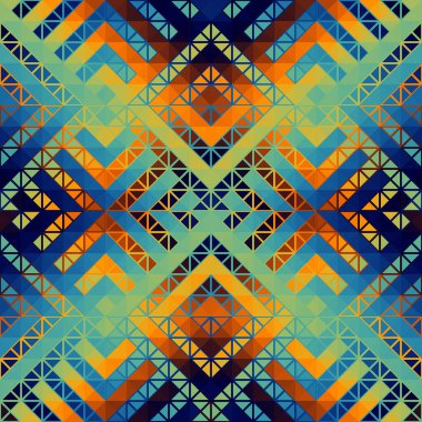 Renkli Aztek kumaşı, Duvar kağıdı ve Ev Dekoru. Soyut, dikişsiz fayanssız desen. Üçgen Aztek arka planı. Vektörsüz resim.