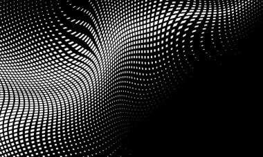 Monokrom soyut grunge yarım ton noktalar arka plan. Pop sanat şablonu, doku. Yatay Vektör illüstrasyonu. Siyah arkaplanda büyük dalga