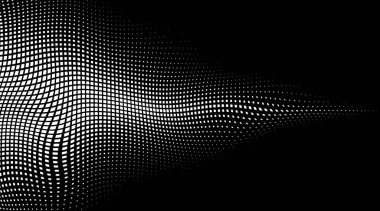 Monokrom soyut grunge yarım ton noktalar arka plan. Pop sanat şablonu, doku. Yatay Vektör illüstrasyonu. Siyah arkaplanda büyük dalga