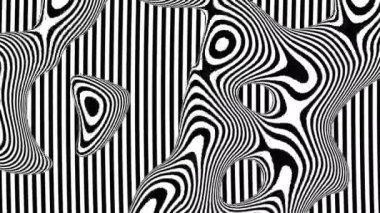 Kırışmış buruşuk şekilli siyah beyaz zig zag çizgileri olan optik illüzyon. Dikey ve çizgili siyah beyaz monokrom resim, tercih edilen sanat döngüsü video tarzında çizgiler