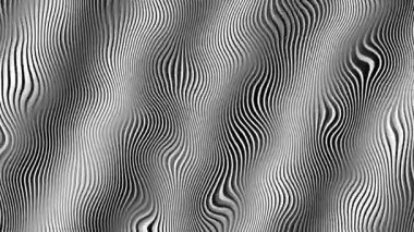 Kırışmış buruşuk şekilli siyah beyaz zig zag çizgileri olan optik illüzyon. Dikey ve çizgili siyah beyaz monokrom resim, tercih edilen sanat döngüsü video tarzında çizgiler