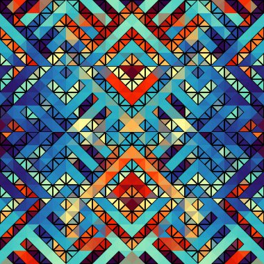 Üçgenlerin kusursuz deseni Aztek soyut düşük polimetrik süslemesi. Spor moda tekstili. Vektör resmi.