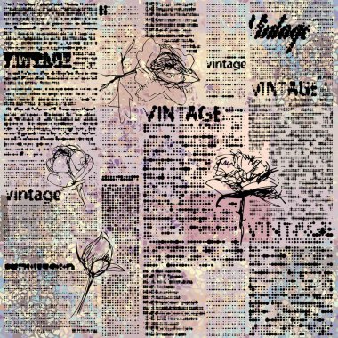Sorunsuz arka plan deseni. Retro grunge desen bir Vintage ile kelime ve skeçler çiçek. Yarı ton gazete.
