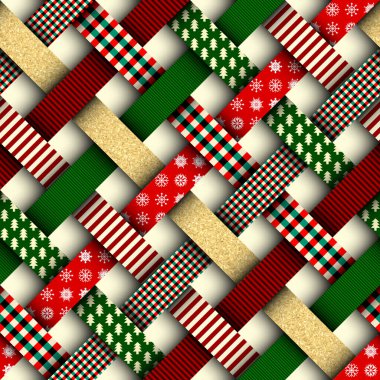Sorunsuz Noel arka planda patchwork tarzı. Şeritler kırmızı zemin üzerine Noel desenlerle birbirinin içine girme.