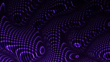 Sibernetik bir arazide dalgalanan gelecekçi mor dijital dalgalar. Görüntü döngüsü.