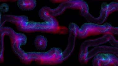 Yol boyunca parlayan soyut neon döngüsü. Siyah arka planda çizgili parlak çizgiler. Renkli paletli kirişler