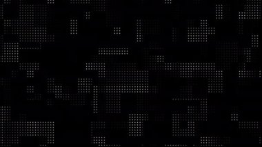 Beyaz noktaların soyut hareketi yarım ton geometrik desen düz siyah arkaplan. 3d canlandırma döngüsü canlandırması