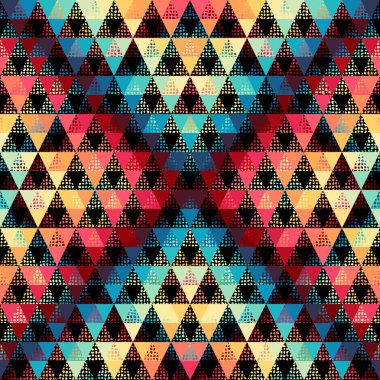 Renkli üçgenler gösteren göz alıcı ve canlı bir geometrik desen, modern tasarım estetiği için mükemmel.