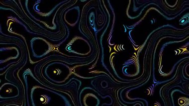 Siyah arkaplanı olan renkli çizgiler soyut bir şekil oluşturmak için yavaş ve düzensiz hareket ediyor, arka plan olarak kullanmak için ideal. siyah soyut döngü arkaplanı