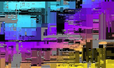 Birbirine karışmış dijital Distorted Motion arıza efektiyle soyut ve canlı bir arkaplan. Gelecekçi siber punk tasarımı. Geçmişe dönük fütürizm, web punk, 80 'lerin çılgın estetik neon renkleri..