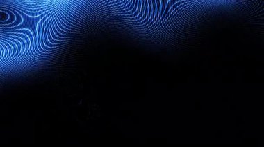 Siyah zemin üzerinde mavi dijital parçacıkların 4K hareket grafiği. Dijital siber uzay soyut arkaplanı