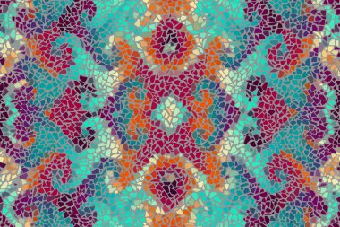 Parlak, soyut, kusursuz mozaik desen. Vektör arkaplanı. Sonsuz doku. Seramik kiremit parçaları.