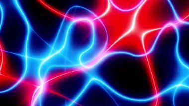 Döngülü 3D animasyon. Yükselen renkli neon çizgileri ve parlak izleri olan soyut bir arkaplan. Neon çizgileri arkaplan