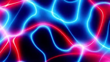 Döngülü 3D animasyon. Yükselen renkli neon çizgileri ve parlak izleri olan soyut bir arkaplan. Neon çizgileri arkaplan