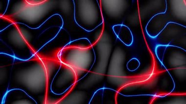 Döngülü 3D animasyon. Yükselen renkli neon çizgileri ve parlak izleri olan soyut bir arkaplan. Neon çizgileri arkaplan