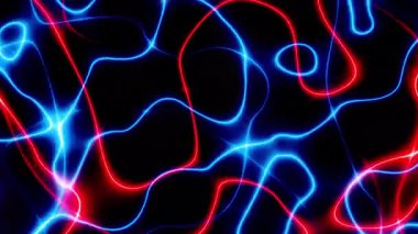 Döngülü 3D animasyon. Yükselen renkli neon çizgileri ve parlak izleri olan soyut bir arkaplan. Neon çizgileri arkaplan