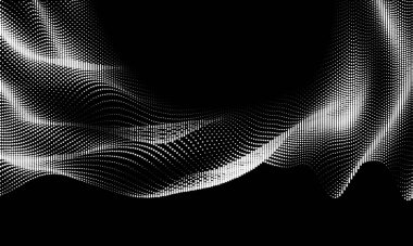 Parçacıkların soyut dijital dalgası. Gelecekçi nokta dalgası. Teknoloji siyah arkaplan vektörü. Vektör illüstrasyonu