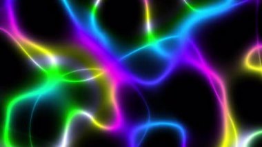 Döngülü 3D animasyon. Yükselen renkli neon çizgileri ve parlak izleri olan soyut bir arkaplan. Neon çizgileri arkaplan