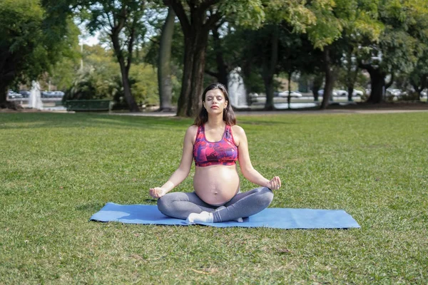 Gravid Latinamerikansk Kvinna Som Yogar Park — Stockfoto
