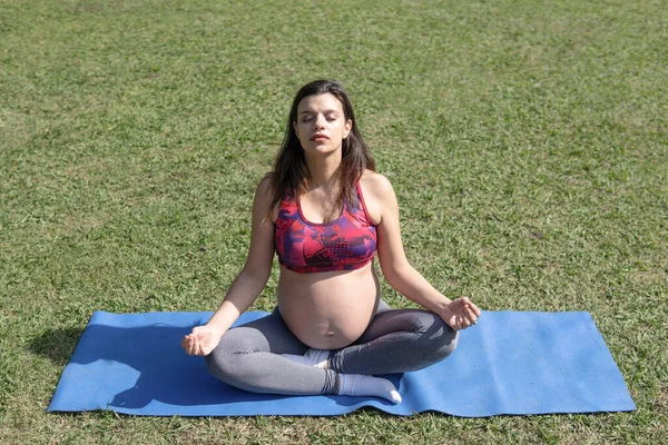 Gravid Latinamerikansk Kvinna Som Yogar Park — Stockfoto