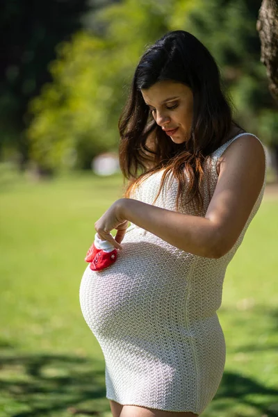 Parkta Karnında Bebek Ayakkabısı Taşıyan Hamile Bir Latin Kadın — Stok fotoğraf