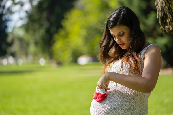 Parkta Karnında Bebek Ayakkabısı Taşıyan Hamile Bir Latin Kadın — Stok fotoğraf