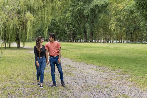Couple in love walk holding hands in the park