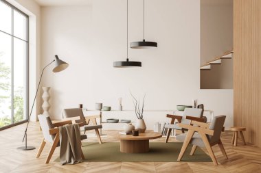 Dört koltuk, kahve masası ve ahşap döşemeli bej bir oturma odası. Asgari sanat dekorasyonlu raflar. Tropik bölgelerde panoramik pencere. 3B görüntüleme