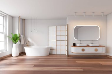 Parlak banyo manzarası küvet, panoramik pencere, ayna, çift lavabo, beyaz duvarlar bölme, ev bitkisi, havlu, meşe ağacı zemin. Minimalist tasarım kavramı. 3d oluşturma