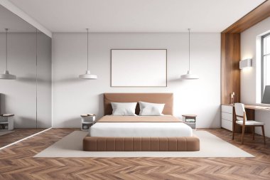 Hafif yatak odası iç yatağı, bilgisayar ve dekorasyonu olan iş yeri, ahşap döşemeli halı. Panoramik pencere ve kanvas posterleri. 3B görüntüleme