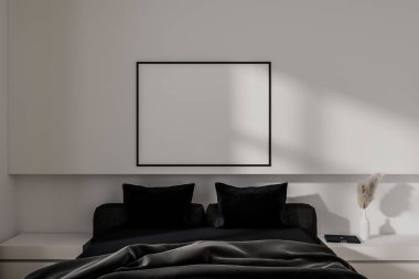 Beyaz yatak odası, siyah yatak odaları, raflarda minimalist sanat süslemeleri. Tuvalin posterini hazırla. 3B görüntüleme