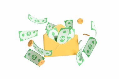 Dolar banknotları düşüyor, sarı posta zarfları ve bozuk paralar. Bankacılık ve gelir kavramı. 3B görüntüleme