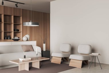 Bej oturma odasının iç tarafında kanepe ve halı üzerinde sehpa olan koltuklar var. Açık beton zemin. Köşede rafla karşılaşıp boş duvar süsü vermek. 3B görüntüleme