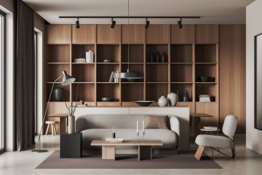 Parlak oturma odasının önü kanepe, koltuk, beyaz duvar, dolap kitaplı kahve masası, perde, halı, panoramik pencere, beton zemin. Minimalist tasarım. 3d oluşturma