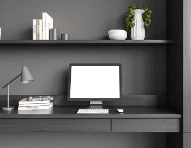 Karanlık ofis odasının içini gören, bilgisayarı, masası, gri duvarı olan bir yer. Minimalist tasarım kavramı. Çalışma süreci için yer var. Model yap. 3d oluşturma