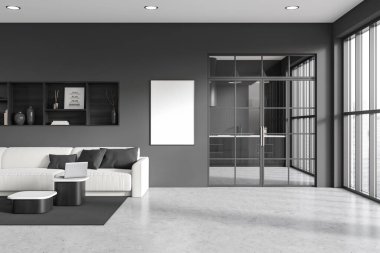 İçi boş beyaz poster, panoramik pencere, cam bölme, kanepe, gri duvar, beton zemin, koltuklar. Minimalist tasarım kavramı. Model yap. 3d oluşturma