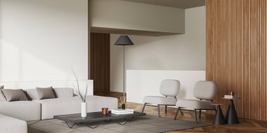 Kanepe ve koltuklu bej oturma odası, halıda sanat süsleri olan yan görüş sehpası, ahşap zemin. Kopya uzay duvarı. 3B görüntüleme