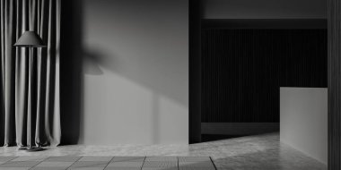 Karanlık oturma odasının önü, içi perdeli, içi boş gri duvar, beton zemin, halı, geniş kemer, halı. Minimalist tasarım kavramı. 3d oluşturma