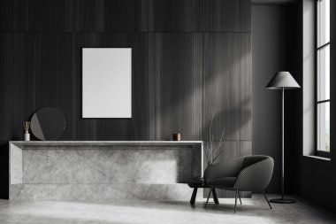 Karanlık oturma odasının içini boş beyaz poster, koltuk çanak çömlekli kahve masası, yuvarlak ayna, şömine, panoramik pencere, beton zemin. Minimalist tasarım. 3d oluşturma