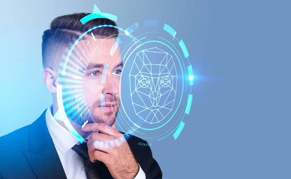 Pensiv Affärsman Porträtt Och Digital Biometrisk Skanning Sidovy Ansiktsigenkänning Begreppet — Stockfoto